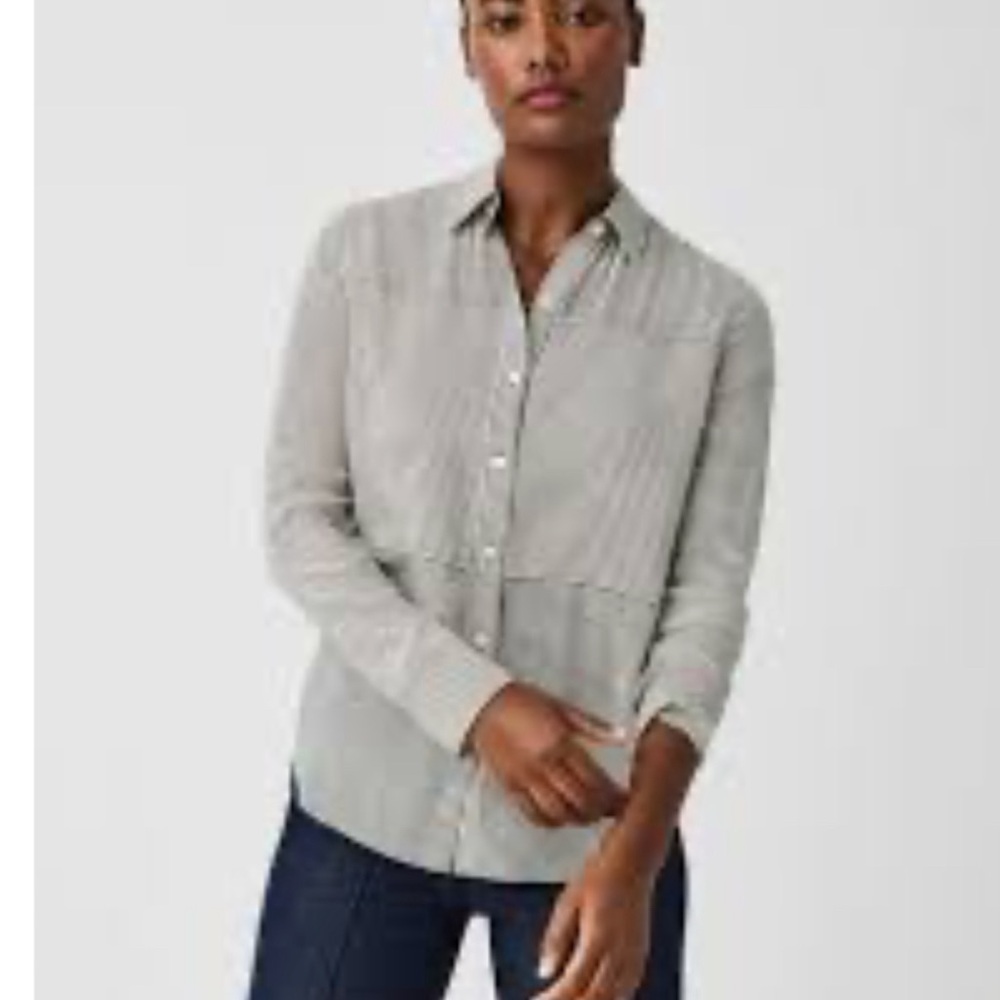 NWT Spanx Low Maintenance Silk Button-Down Shirt  X-Large cedar/ivory stripe